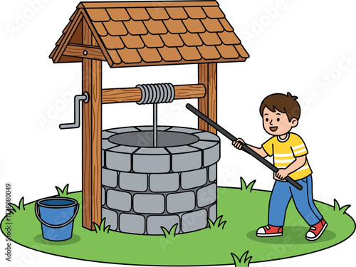 Cartoon child at rural stone water well with bucket, crank, rope, outdoor grass scene for educational and historical illustration