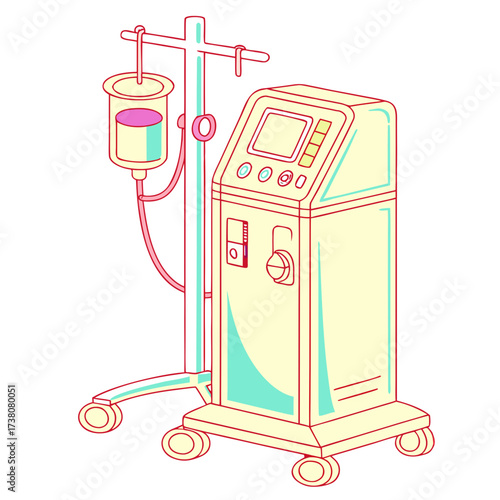 Yellow dialysis machine with I V drip on wheels medical equipment