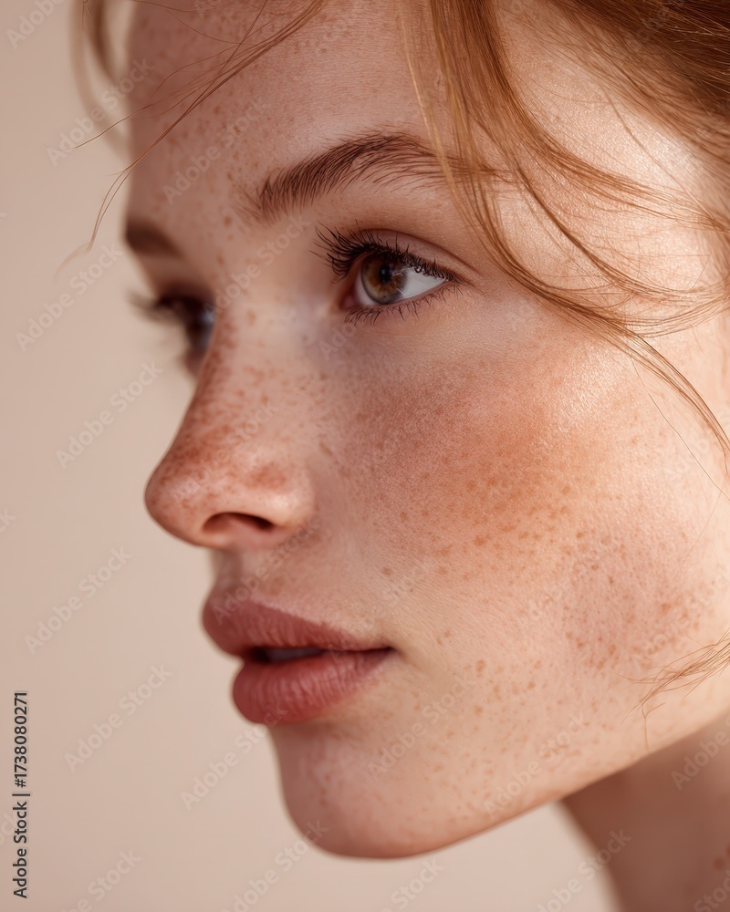 Obraz premium clean beauty portrait, dewy skin, minimal makeup, soft side light, neutral backdrop 