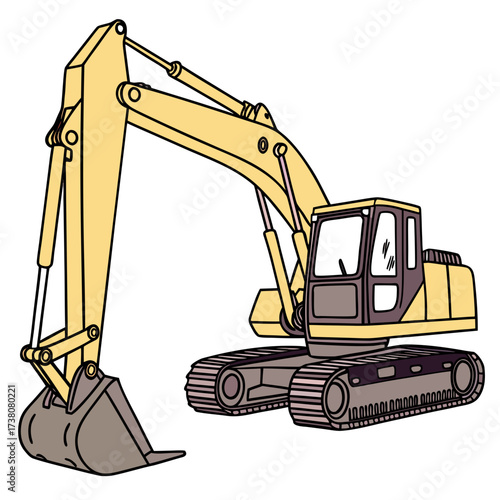 Yellow excavator machine with brown bucket and tracks