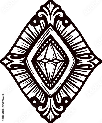 Ornate diamond geometric emblem with vintage ornamental engraving black and white decorative border