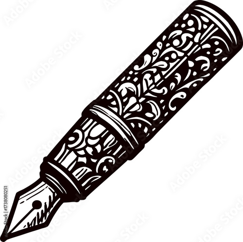 Ornate vintage fountain pen nib with intricate floral engraving in black and white illustration