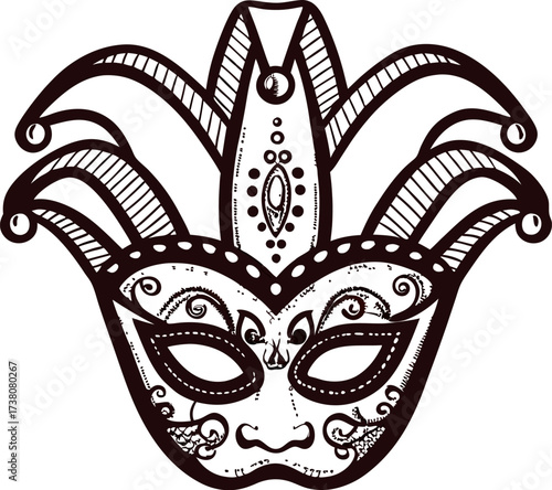 Ornate jester mask with elaborate patterns and curved headdress in black and white vintage illustration