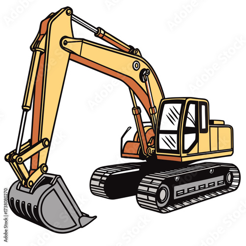 Yellow excavator machine with grey bucket and black tracks