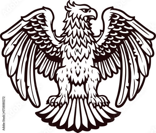 Hand drawn heraldic eagle with detailed wings spread, vintage engraved illustration in black and white