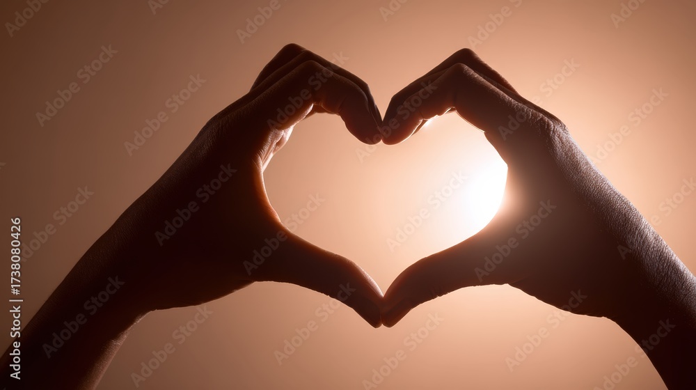 Fototapeta premium Giving Tuesday concept: heart-shaped hands silhouette in backlight, warm neutral gradient background, large clean copy space, inclusive and non-specific 