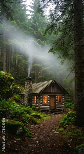 A cozy log cabin nestled amidst a misty forest, warm light illuminating the interior, creating a serene and peaceful scene.