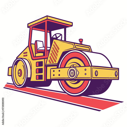 Yellow road roller machine on red stripe construction