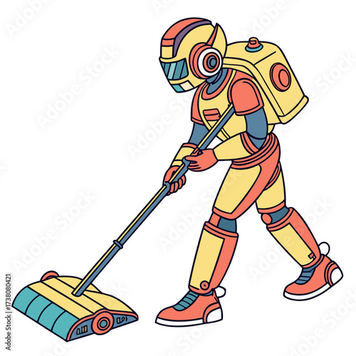 Yellow robot with backpack vacuums floor cleaning vacuum cleaner