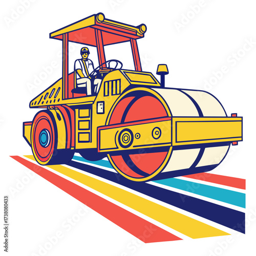 Yellow road roller machine with driver on colorful stripes