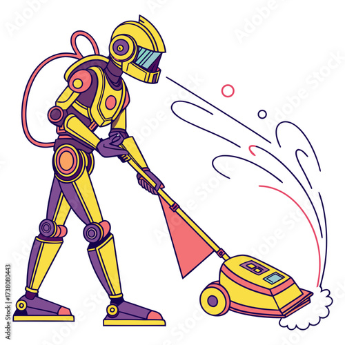 Yellow robot vacuum cleaner with purple accents cleaning