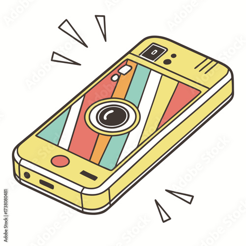 Yellow smartphone with colorful striped screen and camera lens