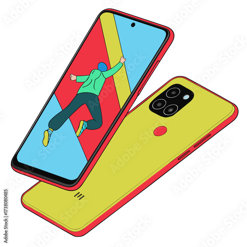 Yellow smartphone with red trim displaying abstract art