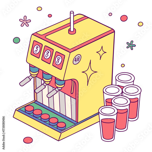 Yellow soda fountain with red drinks and cups drink machine