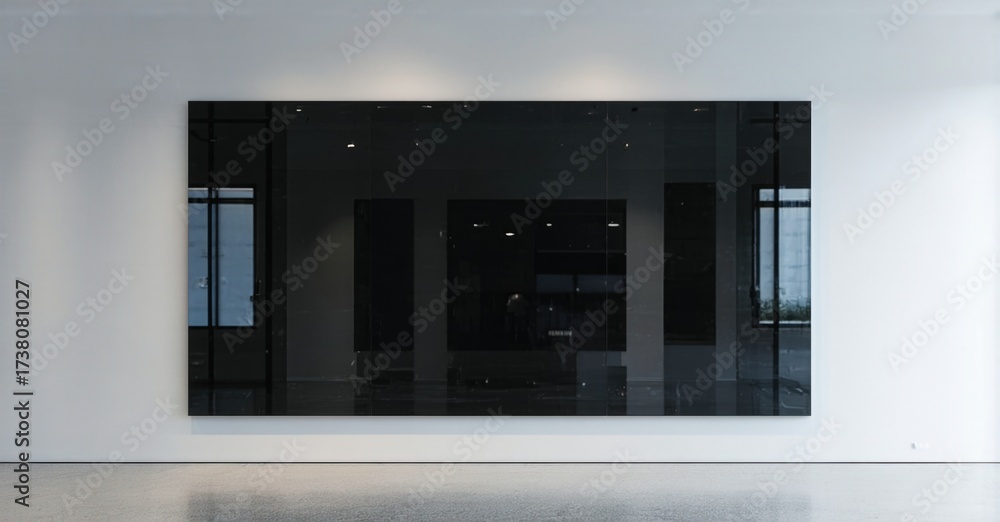 Fototapeta premium Minimalist gallery space features large dark reflective artwork. Clean white walls, smooth floor create modern aesthetic. Subtle lighting enhances visual impact.