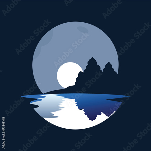 Serene mountain landscape reflected in calm water under a large full moon