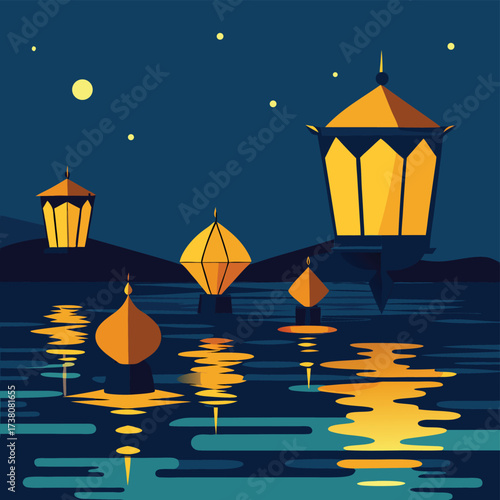 Beautiful glowing lanterns floating on water at night under a starry sky