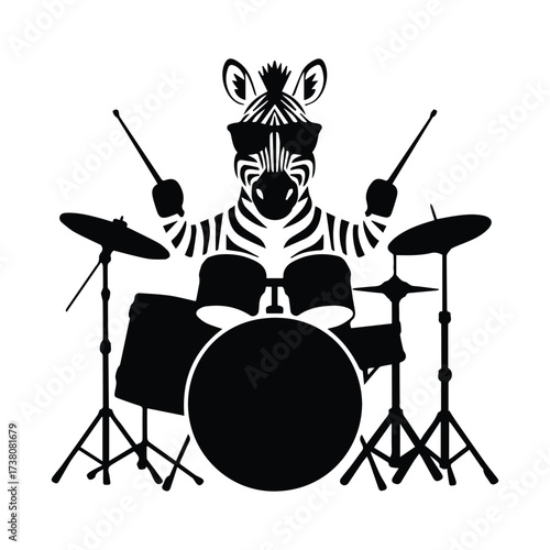 Cool zebra musician playing drums with sunglasses rocking out performance energetic fun silhouette