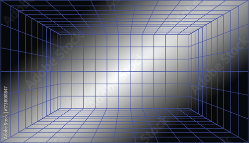 Futuristic digital grid room with glowing blue lines and bright light center on dark background
