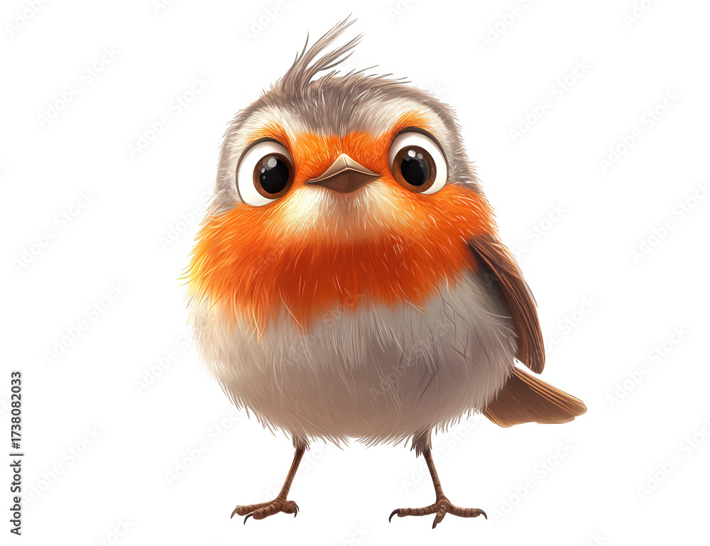 Fototapeta premium Adorable cartoon robin isolated on transparent background, showcasing its fluffy feathers, bright orange breast, and endearing, wideeyed expression, creating a charming and whimsical image