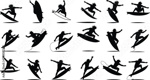 Silhouette collection of surfers performing tricks, riding waves, surfing stunts, extreme water sport, ocean adventure, summer lifestyle activity, isolated black vector illustration
