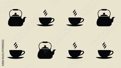 Enjoy your morning with hot tea or coffee kettle and cup silhouettes, a comforting beverage and a perfect start to a productive day