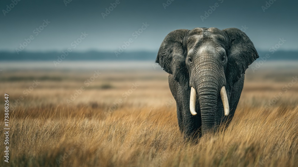 Obraz premium Majestic elephant stands proudly in tall grass at dusk, showcasing its strength and beauty in the wild landscape