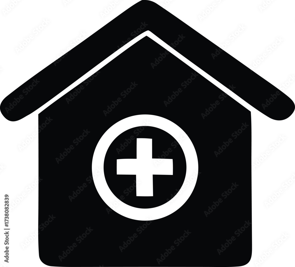 Obraz premium Modern medical clinic icon simple building shape with white cross symbol graphic design element for healthcare services