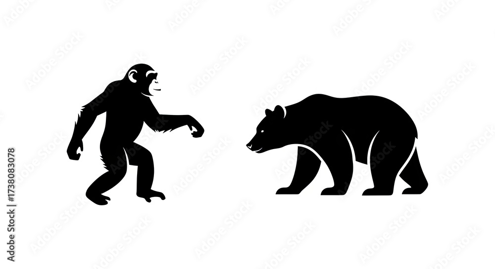 Obraz premium Chimpanzee and bear silhouettes against white background