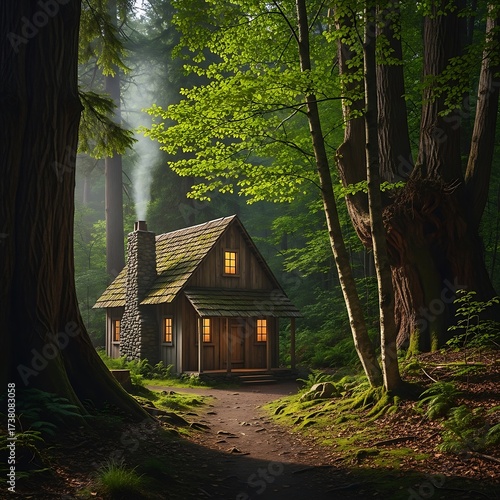 A charming wooden cabin nestled within a lush green forest, bathed in warm, inviting light.