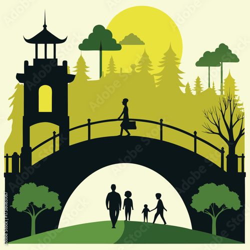 Serene silhouette of a family walking across a traditional asian bridge under a large yellow sun
