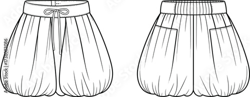 Bubble shorts flat sketch, women fashion shorts CAD drawing, garment vector template, clothing technical illustration, sewing pattern design, apparel flat
