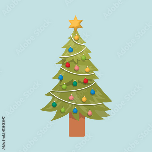 Festive Christmas Tree Illustration with Ornaments and Star Topper on Light Blue Background