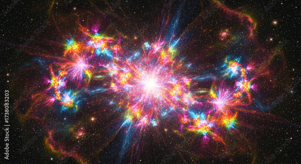 Naklejka premium Vibrant cosmic nebula explodes with dazzling rainbow colors against a starry night sky, evoking wonder and infinite possibility.