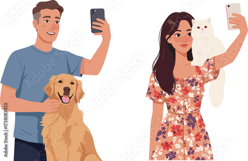 Happy diverse people taking selfies with pets, man and dog, woman and cat, golden retriever, Persian cat, social media, technology, friendship, animal lover, portrait.