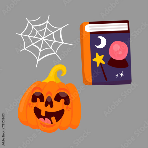 Spooky Halloween Icons Jack-o'-lantern, Spiderweb, and Enchanted Spellbook with Crystal Ball