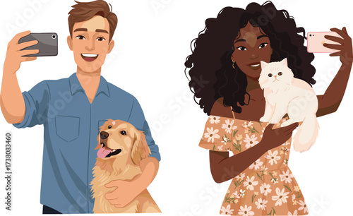 Happy diverse people taking selfies with pets, man and dog, woman and cat, golden retriever, Persian cat, social media, technology, friendship, animal lover, portrait.