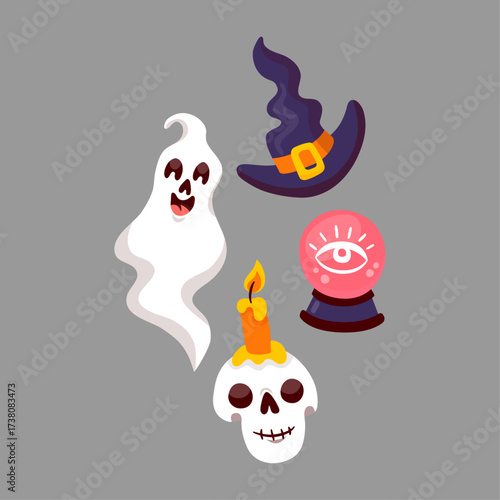 Halloween Icons Collection Ghost, Witch Hat, Crystal Ball, and Skull Candle for Festive Decorations