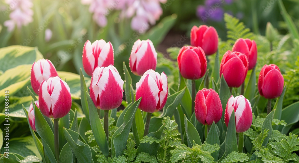 Obraz premium Vibrant red and white tulips blooming in a lush garden, perfect for springtime designs and floral arrangements, evoking beauty and joy