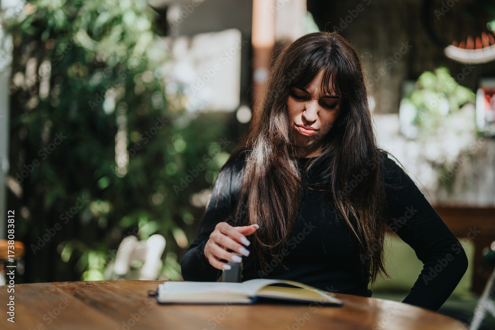 Φωτογραφία A young woman sits at a table in an outdoor area, expressing frustration or displeasure while glancing at a notebook, surrounded by natural greenery and soft light