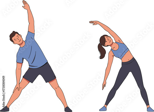 Fitness couple stretching, sporty man and woman doing yoga or Pilates exercise, side bend pose, healthy lifestyle, studio workout, gym, home, flexibility, wellness.
