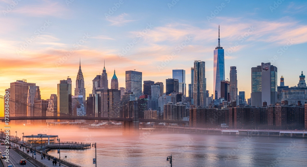 Obraz premium Vibrant New York City skyline at sunrise with iconic skyscrapers and Brooklyn Bridge, capturing stunning cityscape views