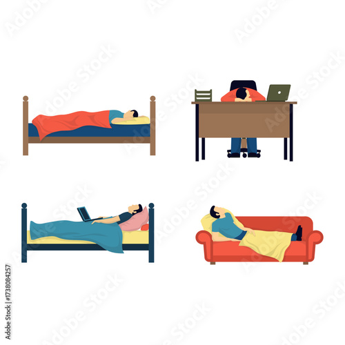 Set of tired people resting in different places, illustrating exhaustion and need for sleep and relaxation