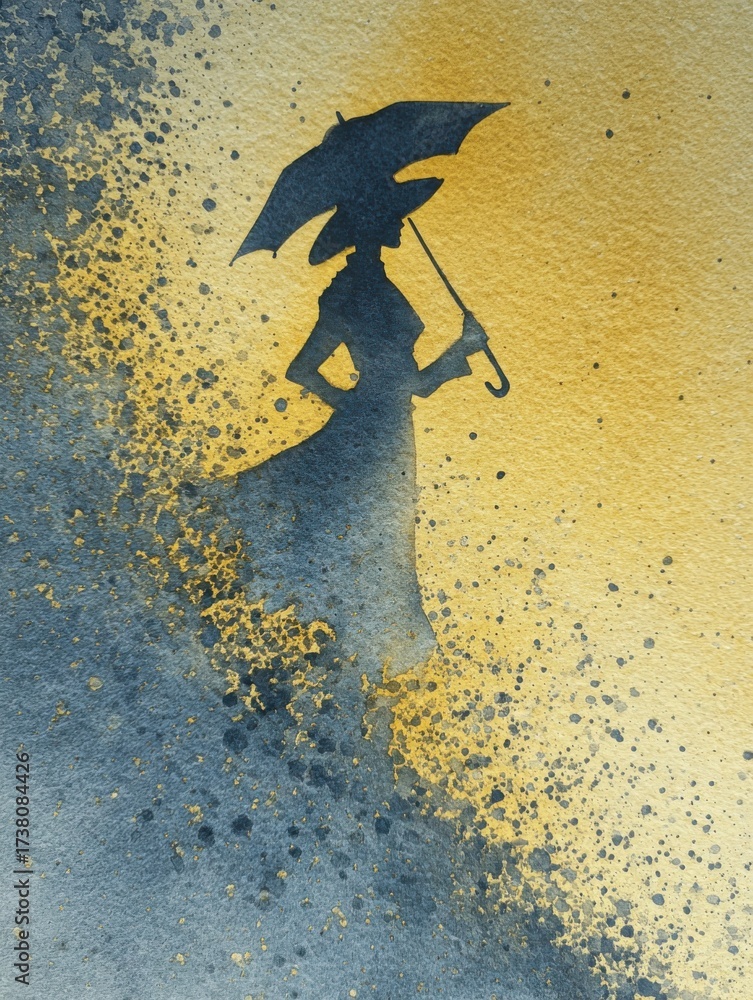 Naklejka premium A woman stands in silhouette, holding an umbrella, amidst a gradient of yellow and blue hues, evoking a serene evening atmosphere and a sense of elegance.