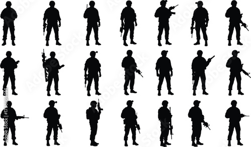 Silhouette of armed soldiers in military uniform, standing with weapons, tactical army figures illustration, combat troops silhouettes for defense, security, and warfare design