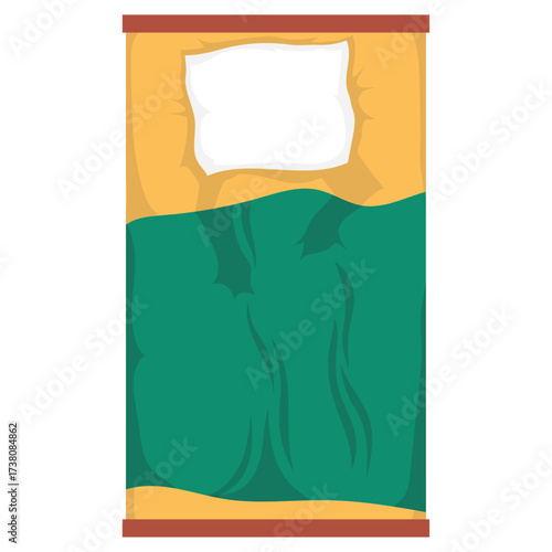 Overhead view of a neatly made bed with a white pillow and a green blanket on a yellow sheet