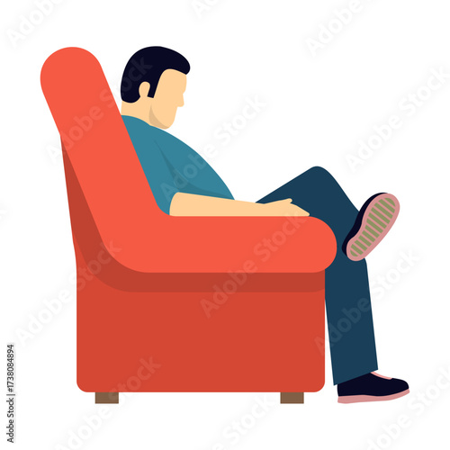 A man in casual attire relaxing comfortably in a plush, red armchair, enjoying a moment of quiet repose