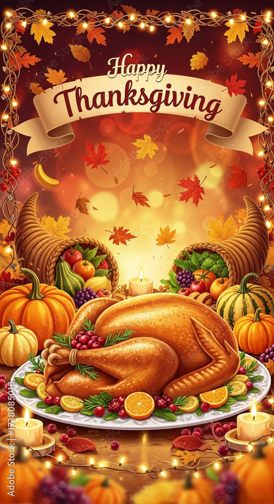 Fototapeta premium Celebrate Thanksgiving with a stunning, vibrant illustration featuring a delicious roasted turkey, pumpkins, cornucopia, and festive autumn leaves