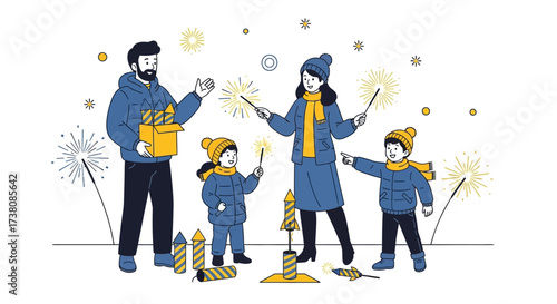 Happy family celebrating with fireworks and sparklers joyful festive atmosphere