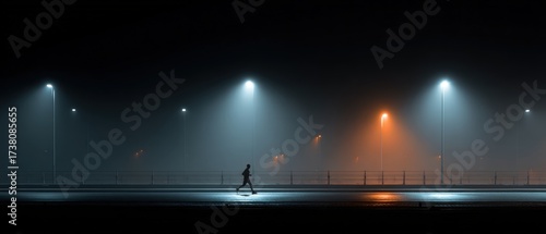 Fototapeta Naklejka Na Ścianę i Meble -  night city jogger alone, moody street lamps, breath vapor, athletic grit 